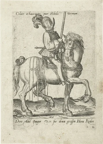 Jonge Duitse adellijke ruiter die deel uitmaakt van een entourage by Unknown, print, 1577