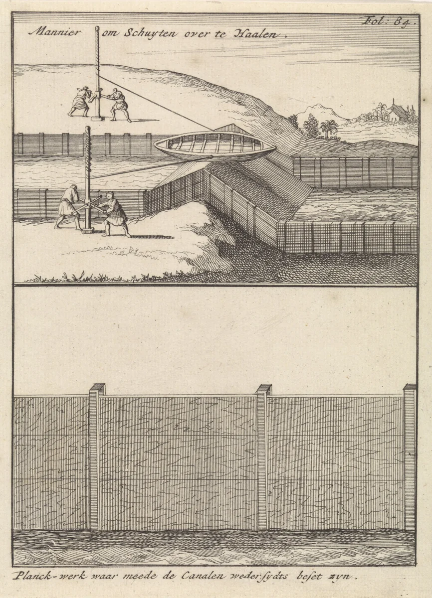Schip met overtoom in een hoger gelegen kanaal getrokken / Wanden van een kanaal by Caspar Luyken, print, 1698