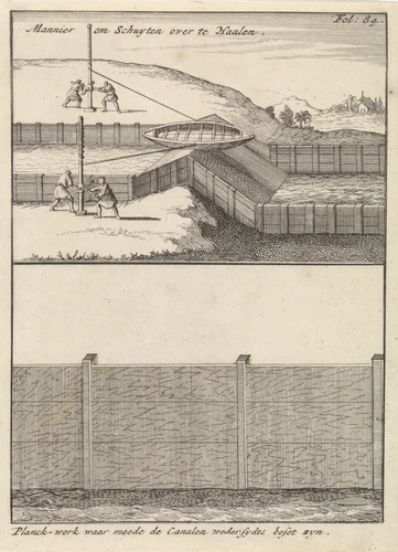 Schip met overtoom in een hoger gelegen kanaal getrokken / Wanden van een kanaal by Caspar Luyken, print, 1698