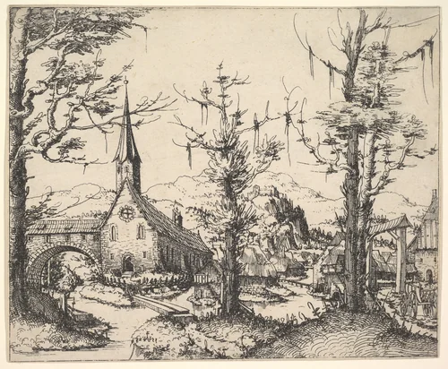 Landscape with Four Trees and a Church at Right (counterproof) by Augustin Hirschvogel, print, 1545