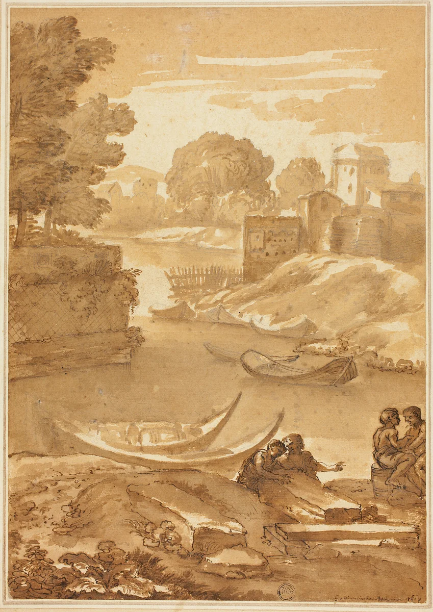 Figures Seated by a River by Giovanni Francesco Grimaldi, drawing, 1626-1680