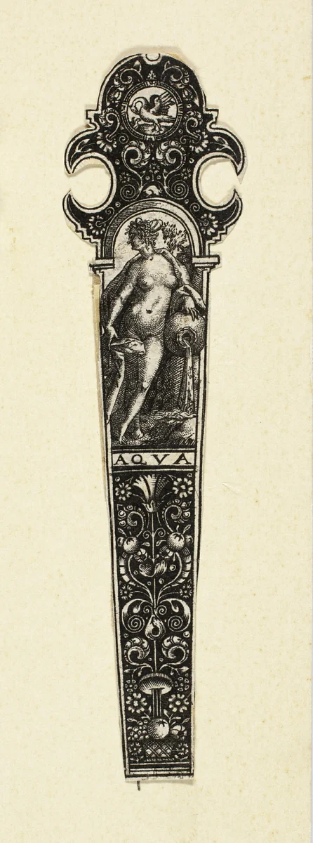 Ornamental Design for Knife Handle with Water, from the Four Elements by Johann Theodor de Bry, print, 1585-1595