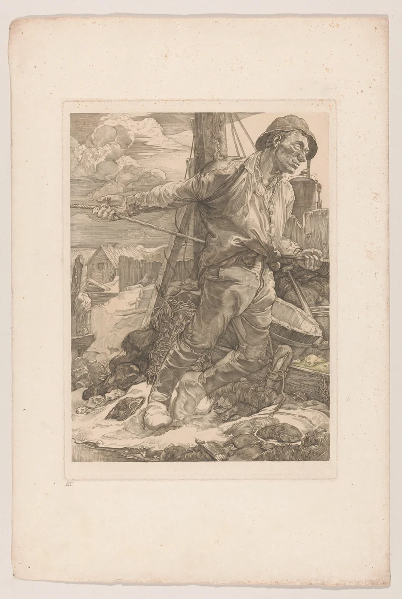 Arbeider die een touw laat vieren by Johannes Josephus Aarts, print, 1881-1934