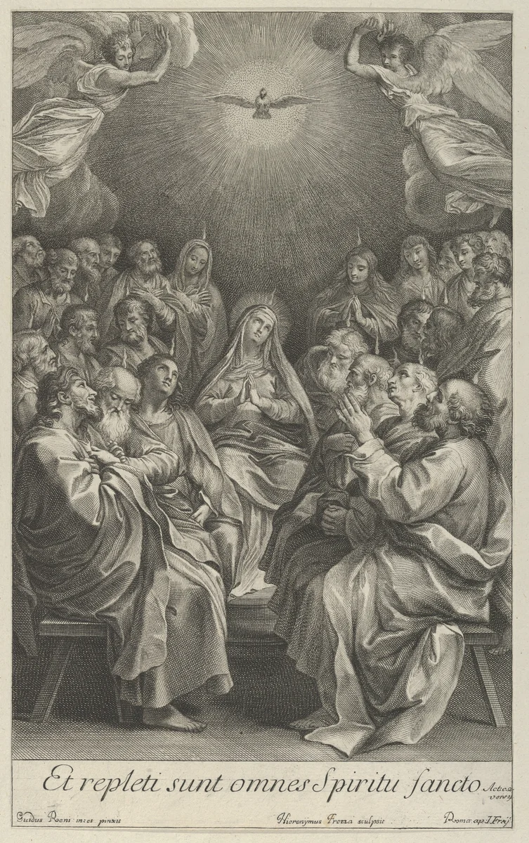 The Virgin with apostles looking up towards the Holy Dove and two angels, after Reni by Giovanni Girolamo Frezza, print, 1700-1750