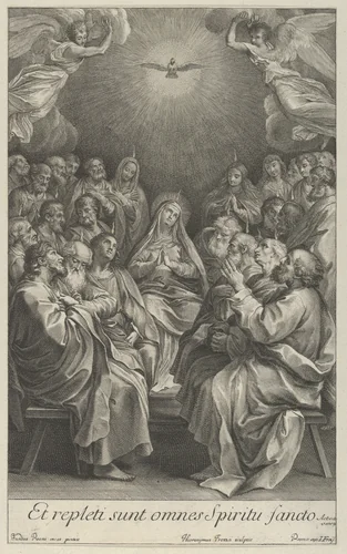 The Virgin with apostles looking up towards the Holy Dove and two angels, after Reni by Giovanni Girolamo Frezza, print, 1700-1750