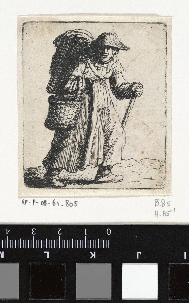 Vrouw met manden en wandelstok by Jan Gillisz van Vliet, print, 1632