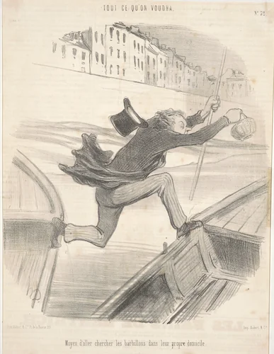 Moyen d'aller chercher les barbillons dans leur propre domicile by Honoré Daumier, print, 1848