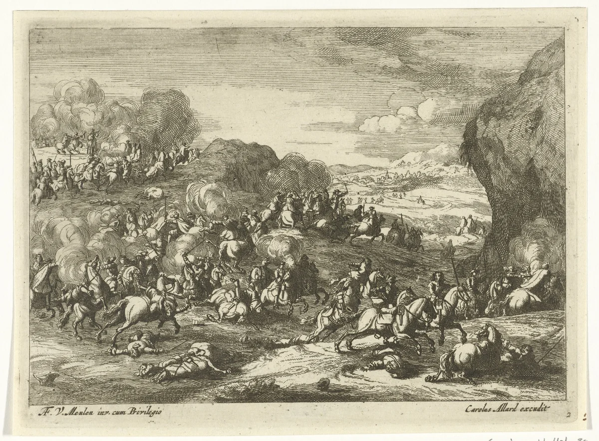 Landschap met ruitergevecht by anonymous, print, 1673-1709