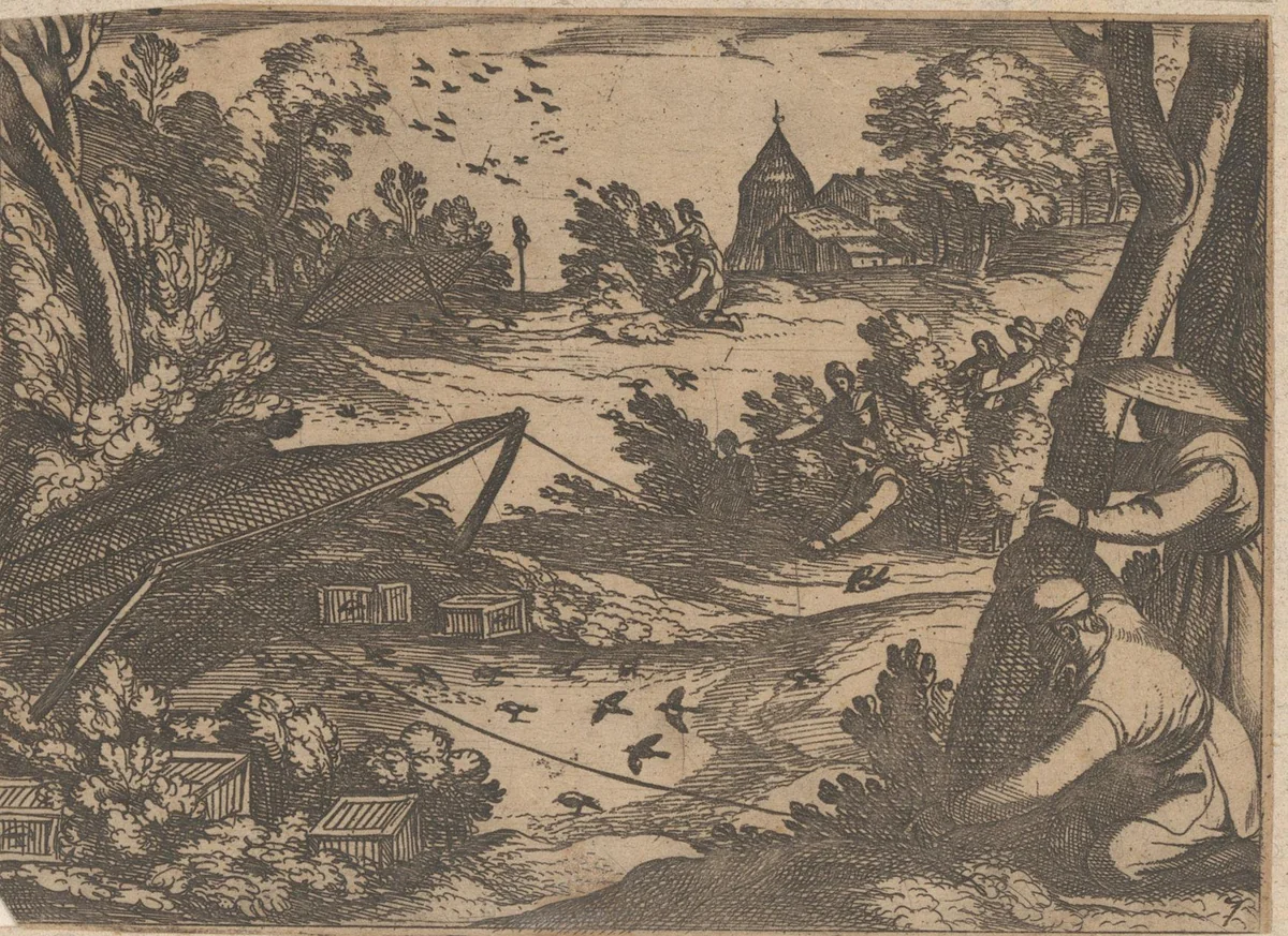 Jagers houden vogelvallen in de gaten by Antonio Tempesta, print, 1598