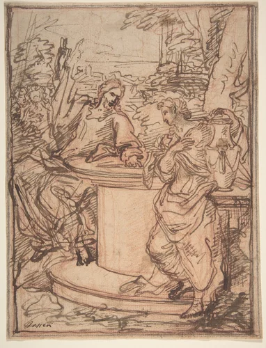 Christ and the Samaritan Woman at the Well by Giuseppe Passeri, drawing, 1665-1714