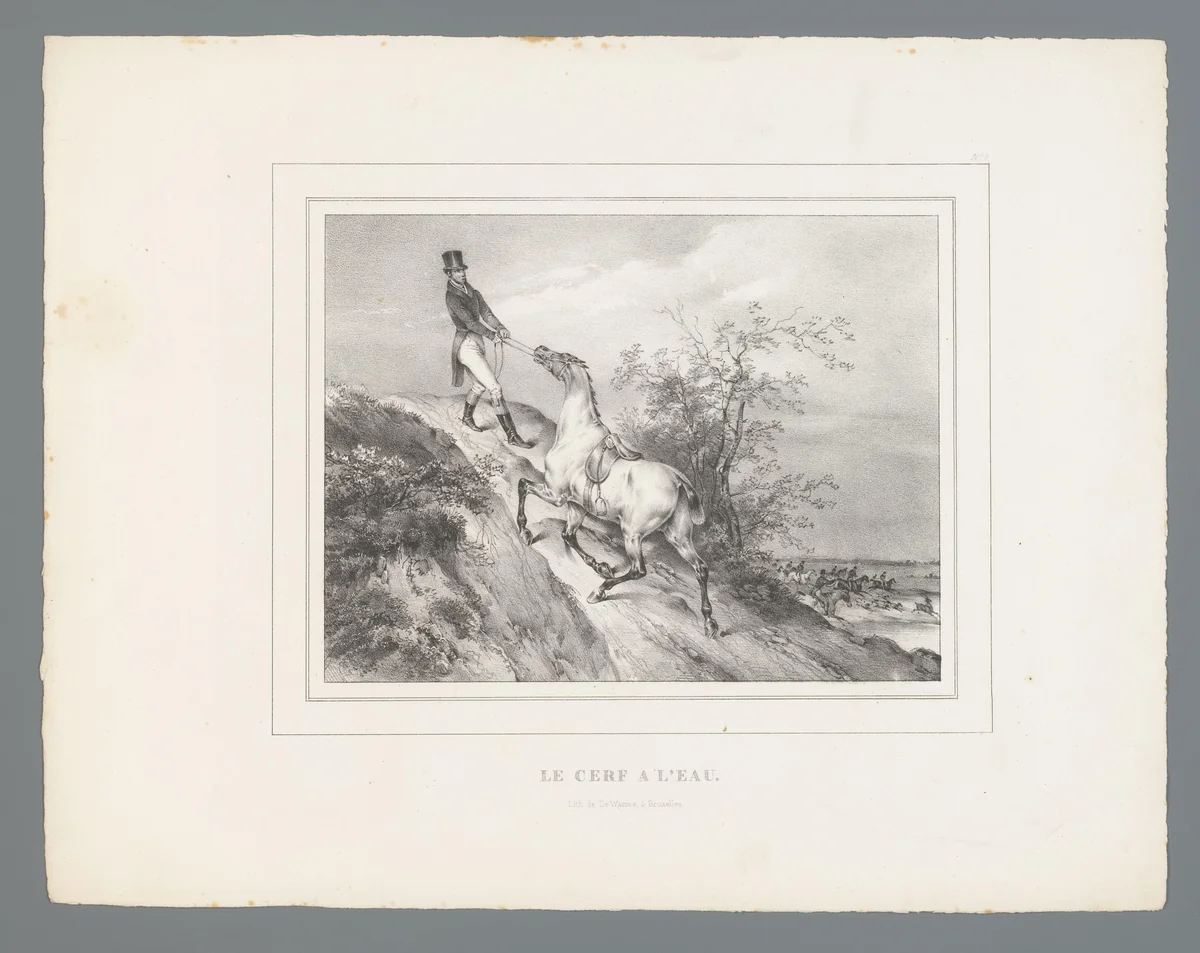 Man trekt onwillig paard de heuvel op by Bernard Édouard Swebach, print, 1825-1827
