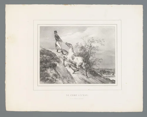Man trekt onwillig paard de heuvel op by Bernard Édouard Swebach, print, 1825-1827