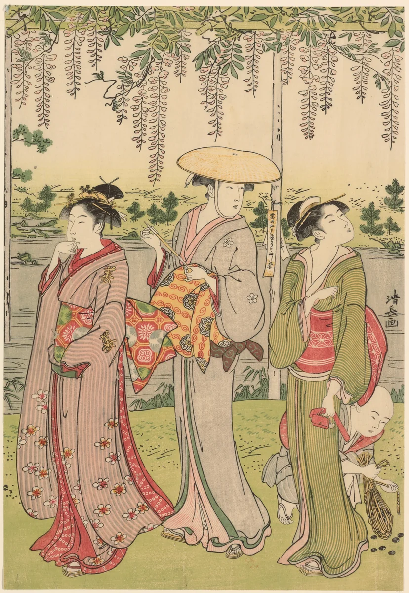 Admiring the wisteria at Kameido Shrine by Torii Kiyonaga (鳥居清長), print, 1781-1791