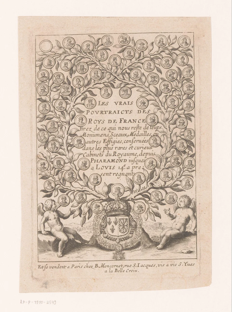 Titelprent met stamboom van alle Franse koningen tot en met Lodewijk XIV van Frankrijk by anonymous, print, 1643-1668