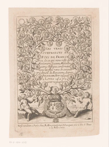 Titelprent met stamboom van alle Franse koningen tot en met Lodewijk XIV van Frankrijk by anonymous, print, 1643-1668