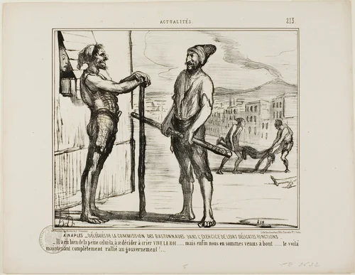 It Naples. - The Commission of Bastonnades During Their Delicate Job. “- It took a while to convince this one to yell: "LONG LIVE THE KING!"... but finally we got to the bottom... and now he is completely in favour of the Government..,” plate 213 from Actualités by Honoré-Victorin Daumier, print, 1855