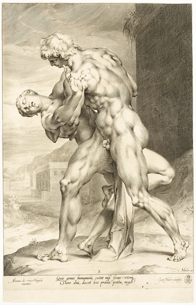 The Rape of a Sabine Woman, Lateral View by Jan Harmensz. Muller, print, 1593-1603