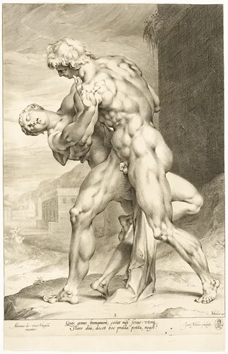 The Rape of a Sabine Woman, Lateral View by Jan Harmensz. Muller, print, 1593-1603
