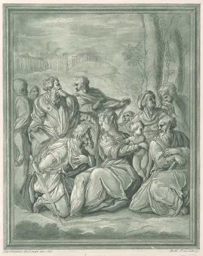 Virgin and child surrounded by figures by Andrea Scacciati, print, 1761-1771