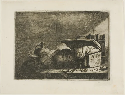Still Life with Travelling Trunk by Leonard Bramer, print, 1640-1654