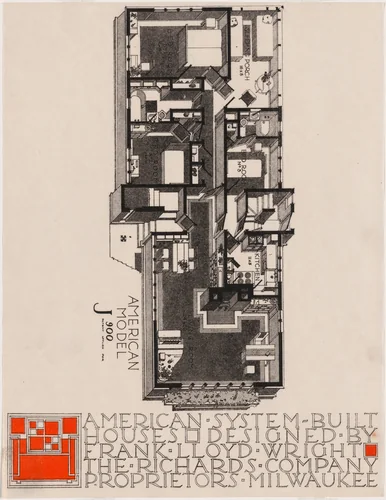 American System-Built Houses for The Richards Company, project, Milwaukee, Wisconsin, Isometric plan of model J900 by Frank Lloyd Wright, architecture, 1915