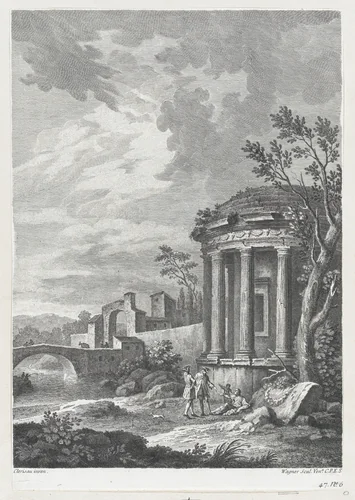Landscape with Temple by Joseph Wagner, print, 1745-1775