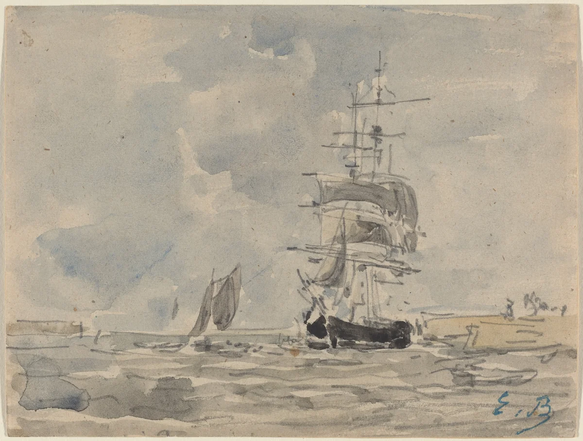 Seascape with Sailing Vessel by Eugène Boudin, drawing, 1875