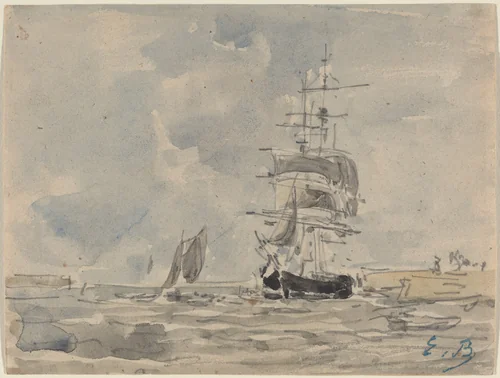 Seascape with Sailing Vessel by Eugène Boudin, drawing, 1875
