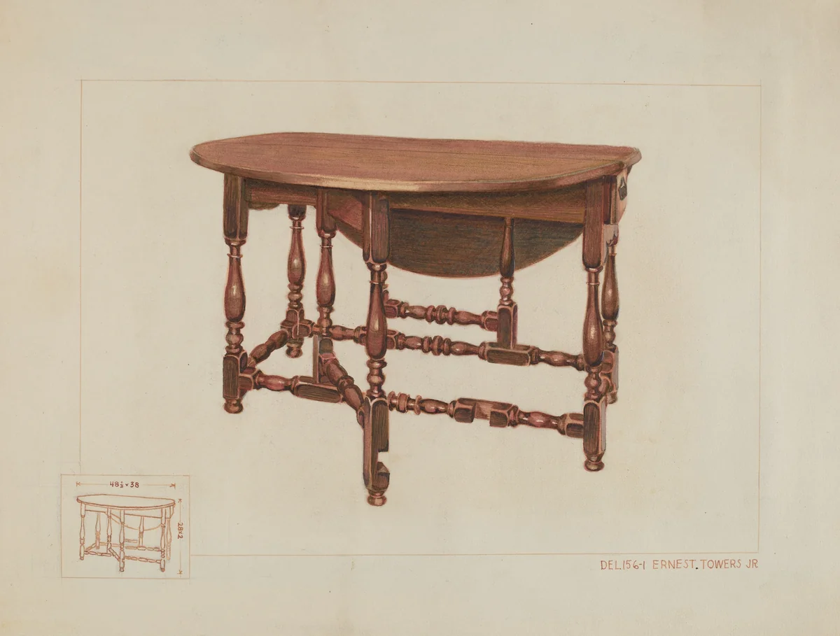 Eight Leg Table with Drawer by Ernest A. Towers, Jr., index of american design, 1936