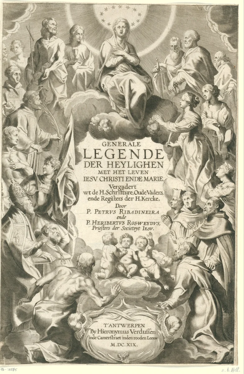 Maria omgeven door heiligen by Jan Baptiste Collaert, print, 1619