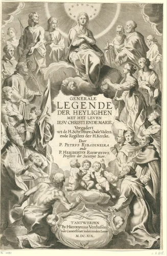 Maria omgeven door heiligen by Jan Baptiste Collaert, print, 1619