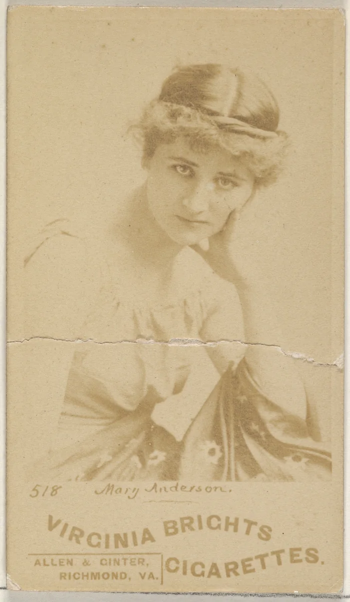 Card 518, Mary Anderson, from the Actors and Actresses series (N45, Type 6) for Virginia Brights Cigarettes by Allen & Ginter, photograph, 1885-1891
