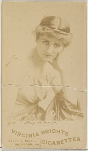 Card 518, Mary Anderson, from the Actors and Actresses series (N45, Type 6) for Virginia Brights Cigarettes by Allen & Ginter, photograph, 1885-1891