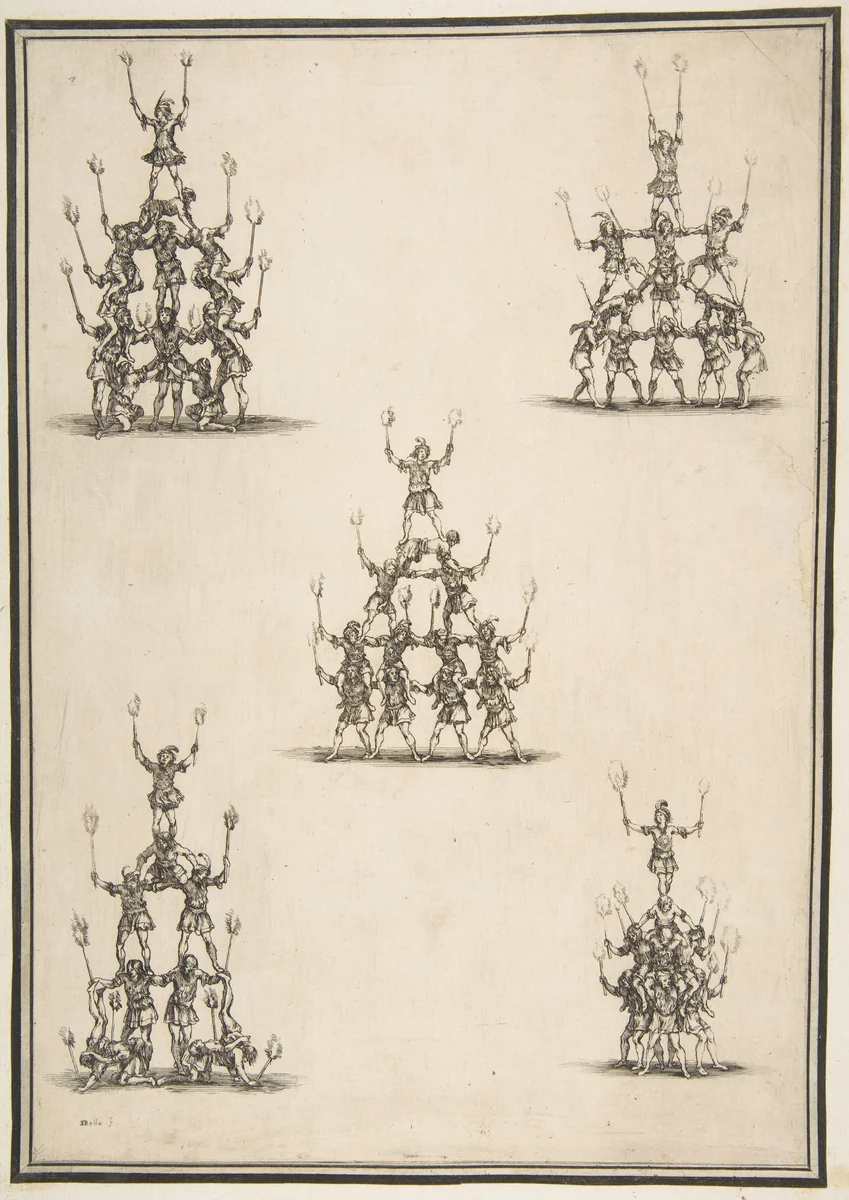 Five Groups of Acrobats by Stefano della Bella, print, 1652