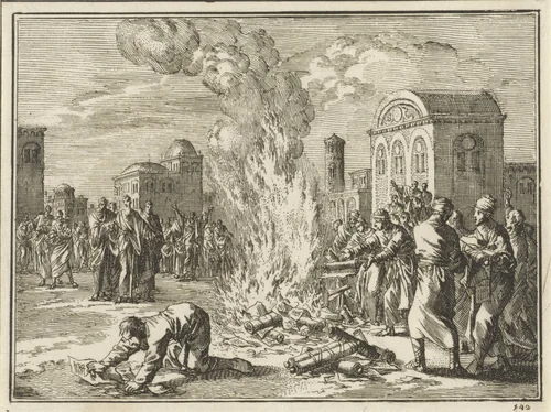 Efeziërs verbranden hun boeken in het openbaar by Jan Luyken, print, 1712