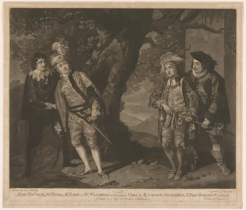 Miss Younge, Mr. Dodd, Mr. Love, and Mr. Waldron, in th Characters of Viola, Sir Andrew Aguecheek, Sir Toby Belch, and Fabian (Shakespeare, Twelfth Night, Act 3, Scene 4) by John Raphael Smith, print, 1774