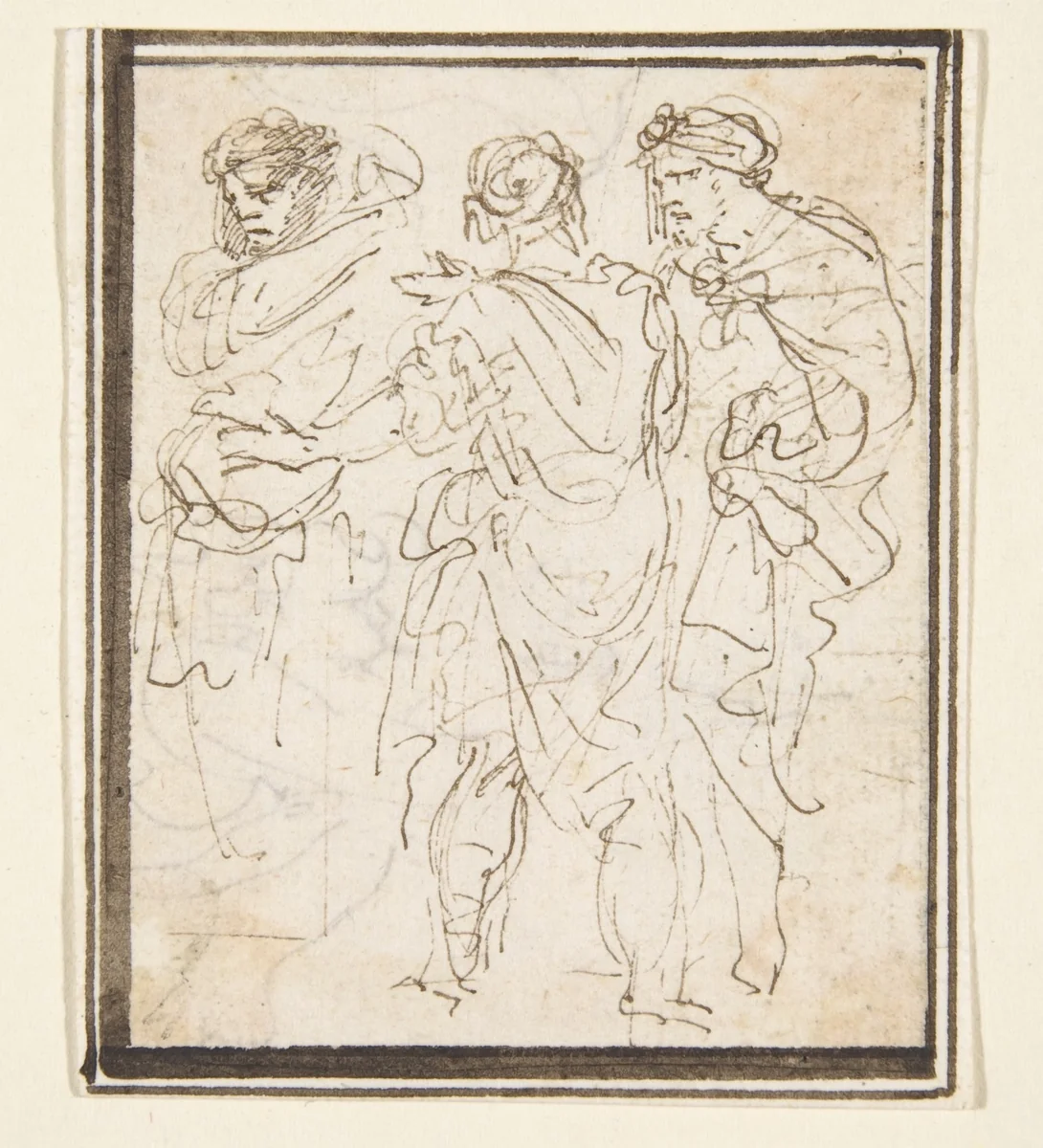 Three Standing Figures in Antique Costume by Stefano della Bella, drawing, 1610-1664