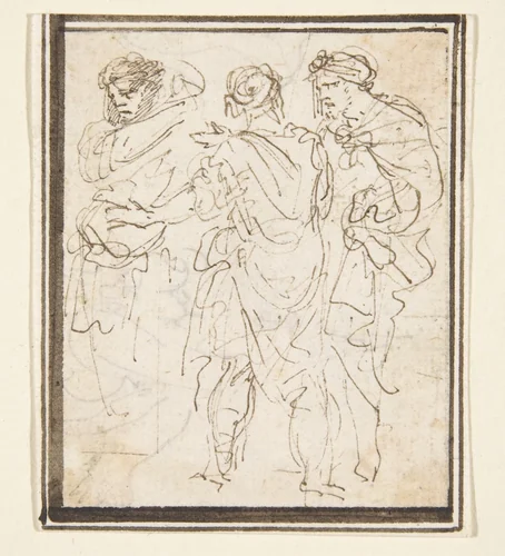 Three Standing Figures in Antique Costume by Stefano della Bella, drawing, 1610-1664