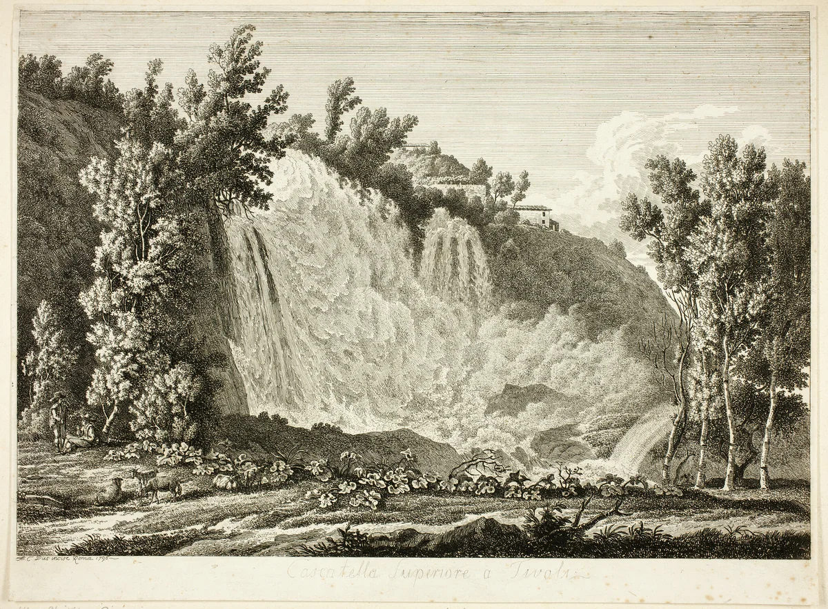 Waterfall Above Tivoli (Cascatella Superiore a Tivoli), from the series Picturesque Views of Italy (Malerisch radirte Prospekte aus Italien) by Albert Christoph Dies, print, 1796