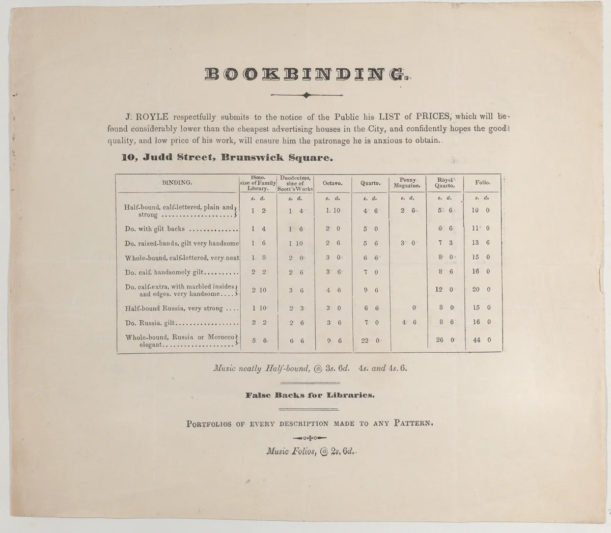 Trade card for J. Royle, bookbinder by anonymous, print, 1800-1900