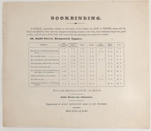Trade card for J. Royle, bookbinder by anonymous, print, 1800-1900