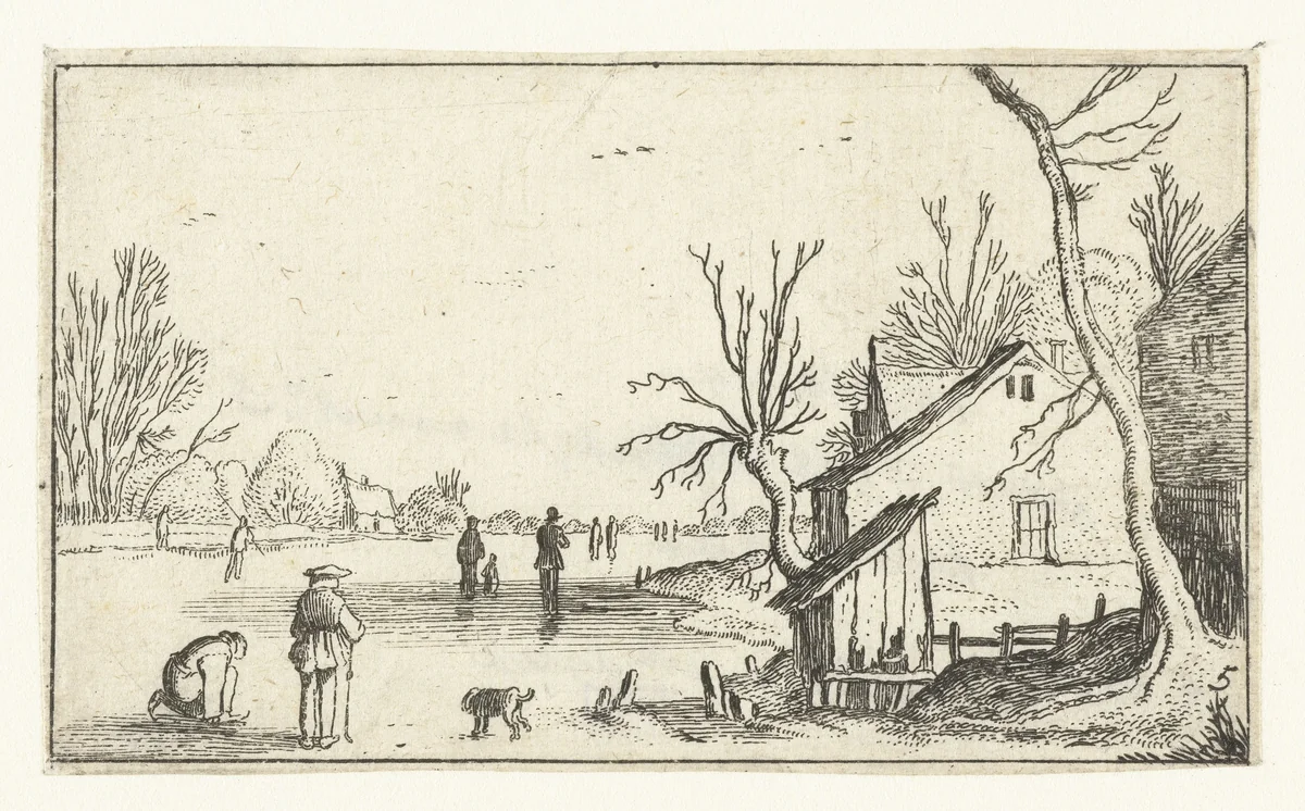 Boerderij bij bevroren rivier met schaatsers op het ijs by anonymous, print, 1614-1617
