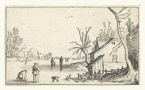 Boerderij bij bevroren rivier met schaatsers op het ijs by anonymous, print, 1614-1617