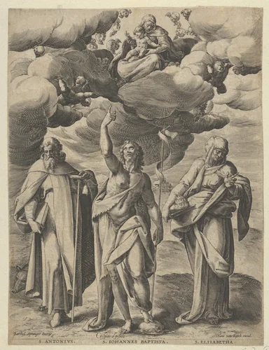 Saint Anthony, Saint John the Baptist, and Saint Elizabeth by Crispijn de Passe, print, 1582-1637