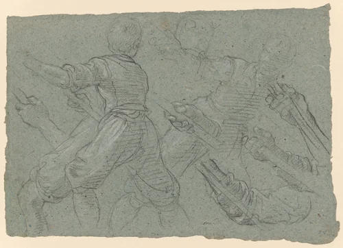 Studies of a Youth Pulling Ropes (recto); Faint Study of a Youth Pulling a Rope (verso) by Aurelio Lomi, drawing, 1610-1619