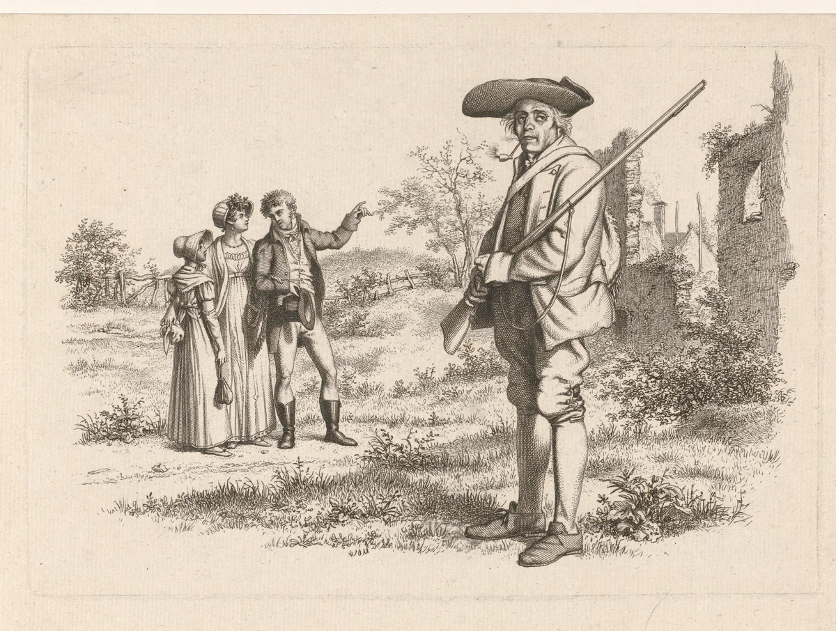 Jager en een gezelschap bij een ruïne by Jacob Ernst Marcus, print, 1813