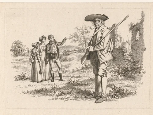 Jager en een gezelschap bij een ruïne by Jacob Ernst Marcus, print, 1813