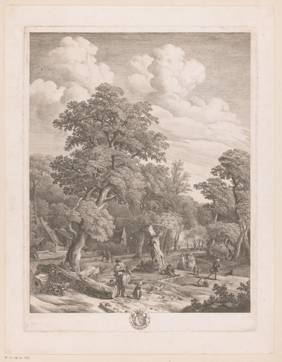 Verschillende figuren in een bos met twee huizen by Jean Moyreau, print, 1733-1762