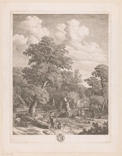 Verschillende figuren in een bos met twee huizen by Jean Moyreau, print, 1733-1762