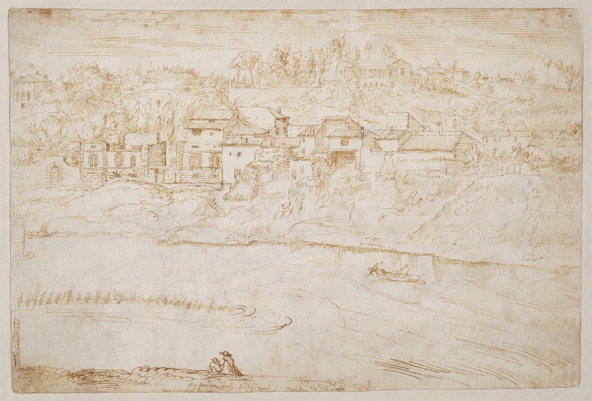 View of the Janiculum Hill Seen from the Tiber (recto) by Antonie van den Wyngaerde, drawing, 1553